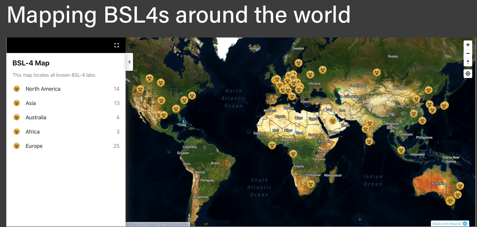 A map shows the locations of all the BSL-4 labs in the world.