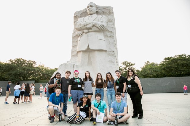 George Mason University students visit the Martin Luther King Jr. Memorial in Washington D.C. during Quill Camp: Republic