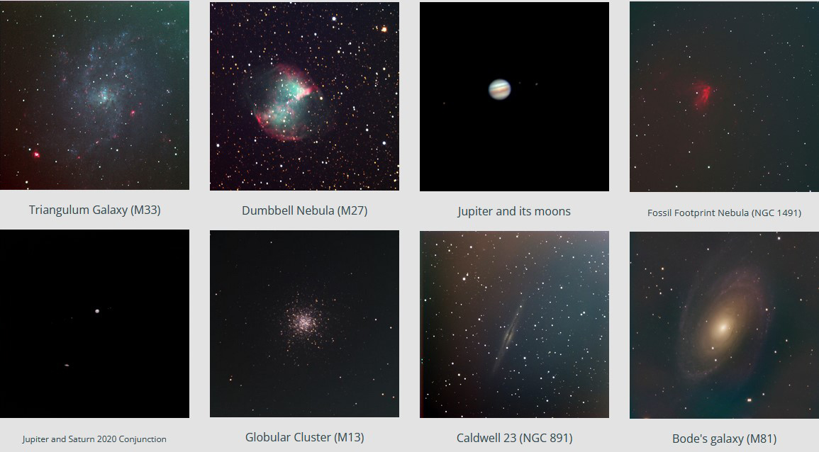 A collage of photos taken by students while using the observatory equipment to view things such as stars and planets in space
