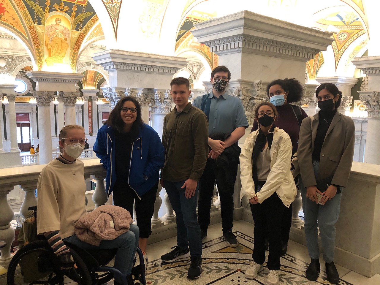 A group of Pillars of Research students pose for a photo in the Library of Congress.