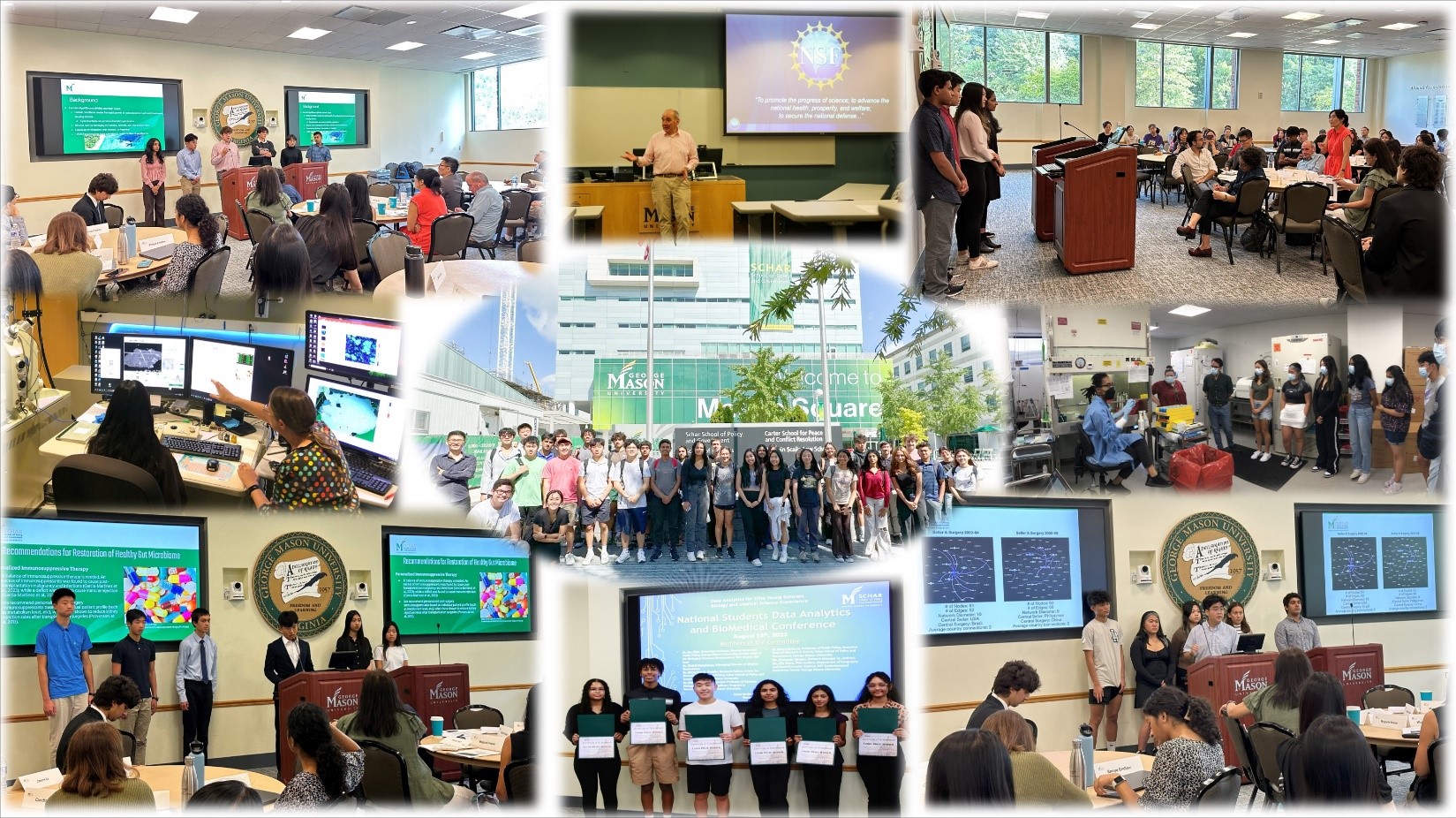 A photo collage of students in classrooms, presenting, and in front of Van Metre Hall