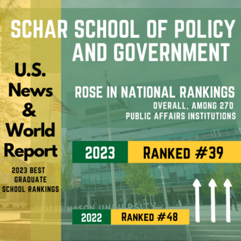 Graphic showing that U.S. News & World Report ranked the Schar School of Policy and Government #39 nationally among 270 Public Affairs Institutions